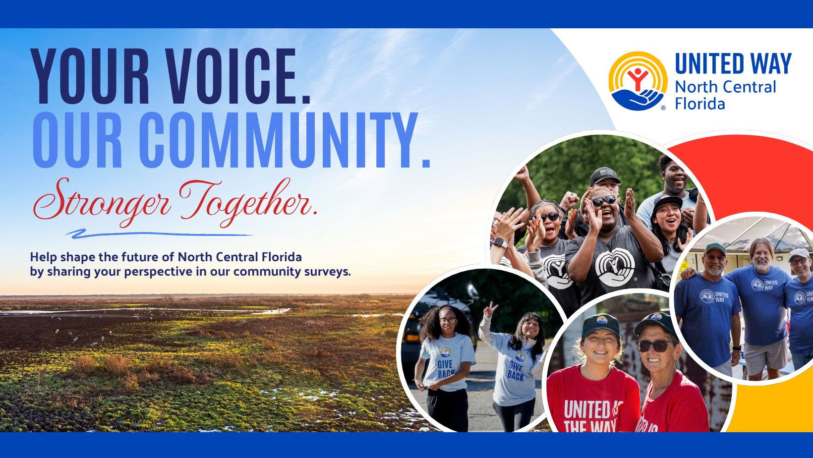 Wide landscape of the sun rising over wetlands. A series of photos featuring United Way volunteers is overlayed in the bottom right corner.