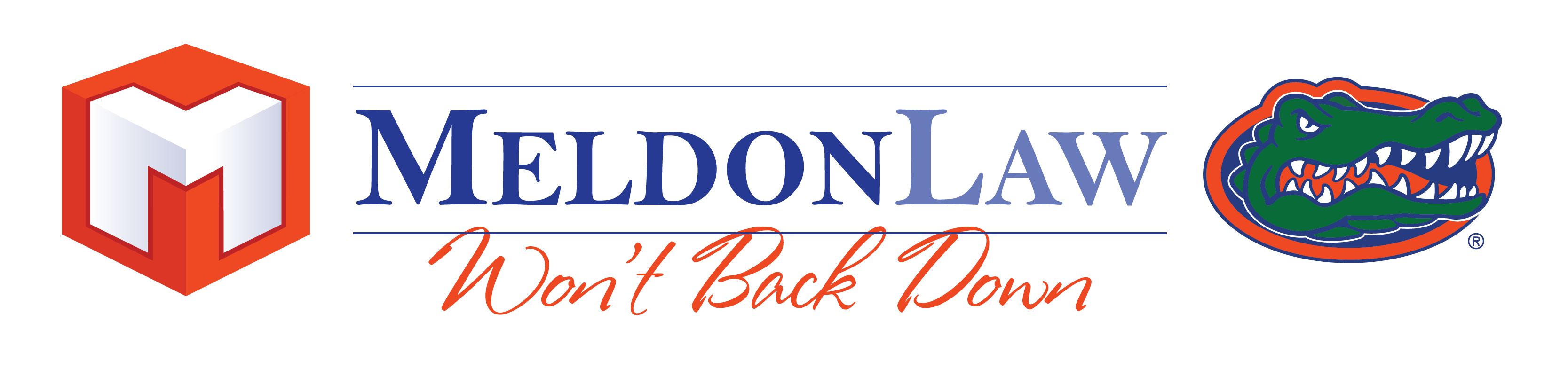 Logo header showing the MeldonLaw red-and-white cube icon with “MeldonLaw” and “We’ll Back Down,” alongside a green-and-red alligator emblem and the words “Alligator Law.”