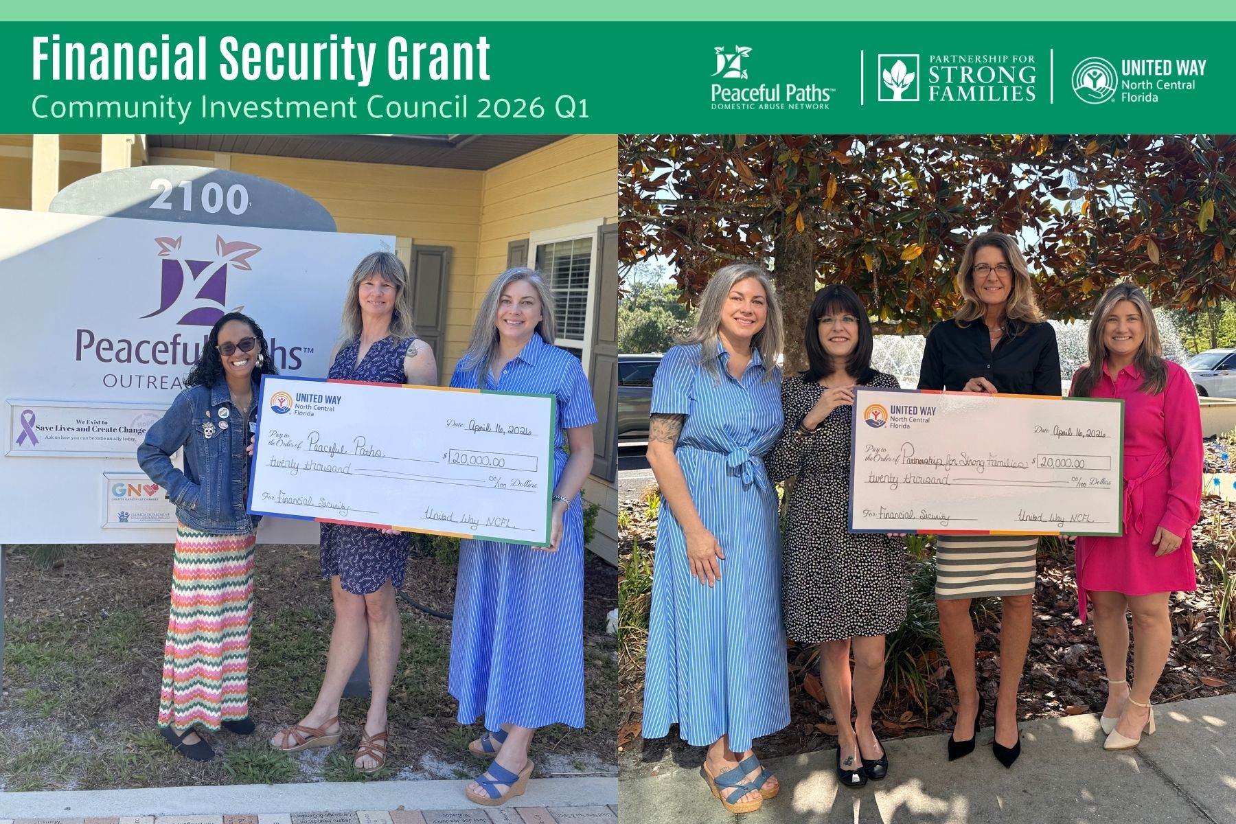 Two photos side-by-side with the first showing three women holding a giant check for Peaceful Paths and the second photo showing four women holding a check to Partnership for Strong Families.