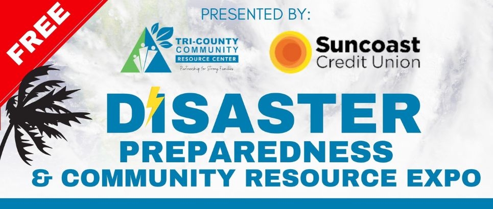 Cloudy sky with text announcing Free Disaster Preparedness & Community Resource Expo
