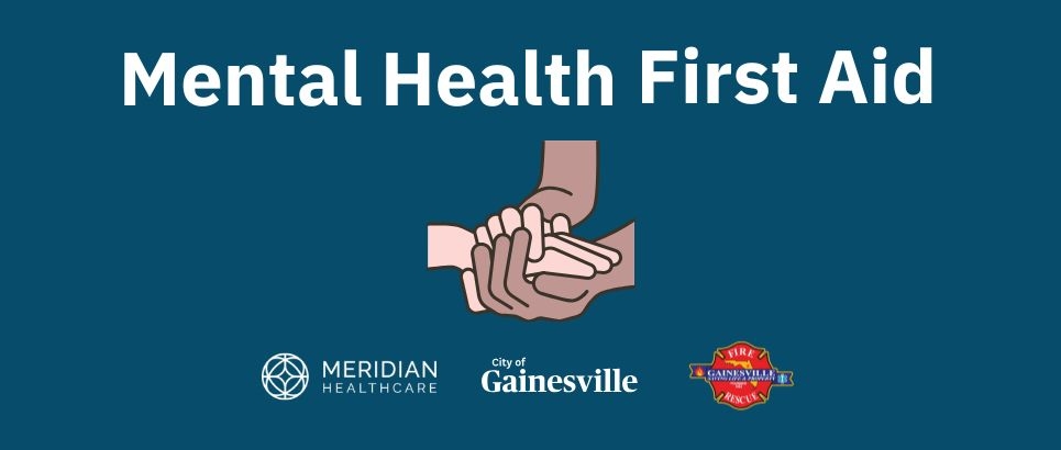 Graphic of hands intertwined on blue green back ground with title for mental health first aid