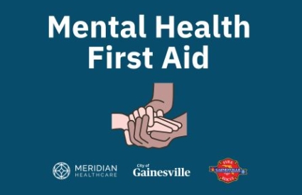 Graphic of hands intertwined on blue green back ground with title for mental health first aid