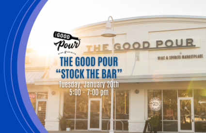 Photo of The Good Pour storefront with text overlay