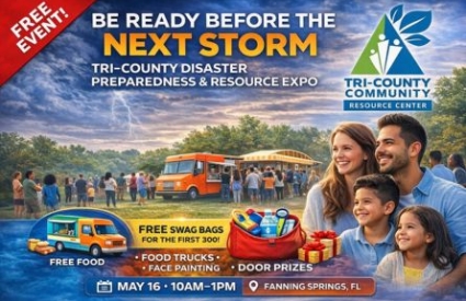 Poster for the Tri-County Disaster Preparedness & Resource Expo, featuring a family in the foreground and a stormy sky with lightning in the background. The event offers free food, swag bags, face painting, and door prizes on May 16th in Fanning Springs, FL.