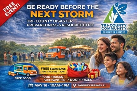 Poster for the Tri-County Disaster Preparedness & Resource Expo, featuring a family in the foreground and a stormy sky with lightning in the background. The event offers free food, swag bags, face painting, and door prizes on May 16th in Fanning Springs, FL.