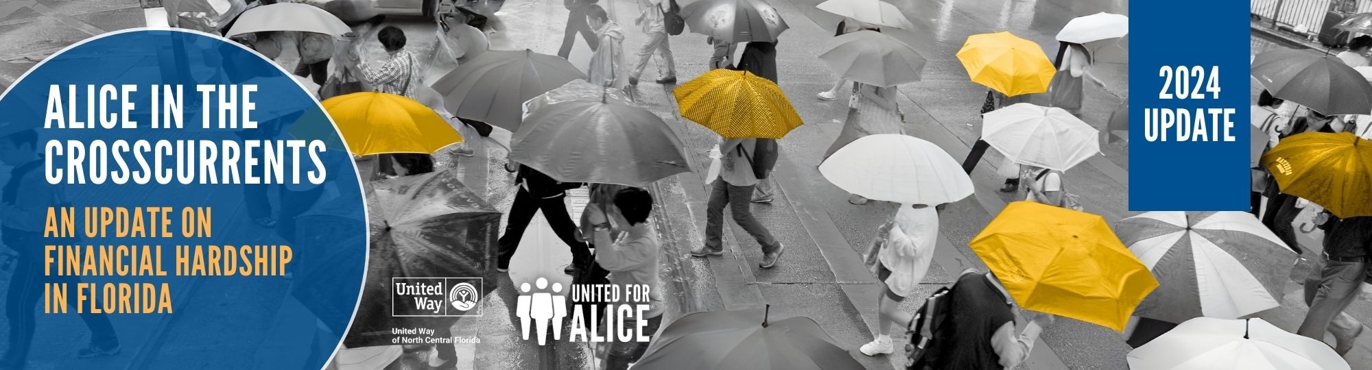 Black and white photo of people walking along city street holding umbrellas with some umbrellas shaded yellow to highlight how ALICE walks among us